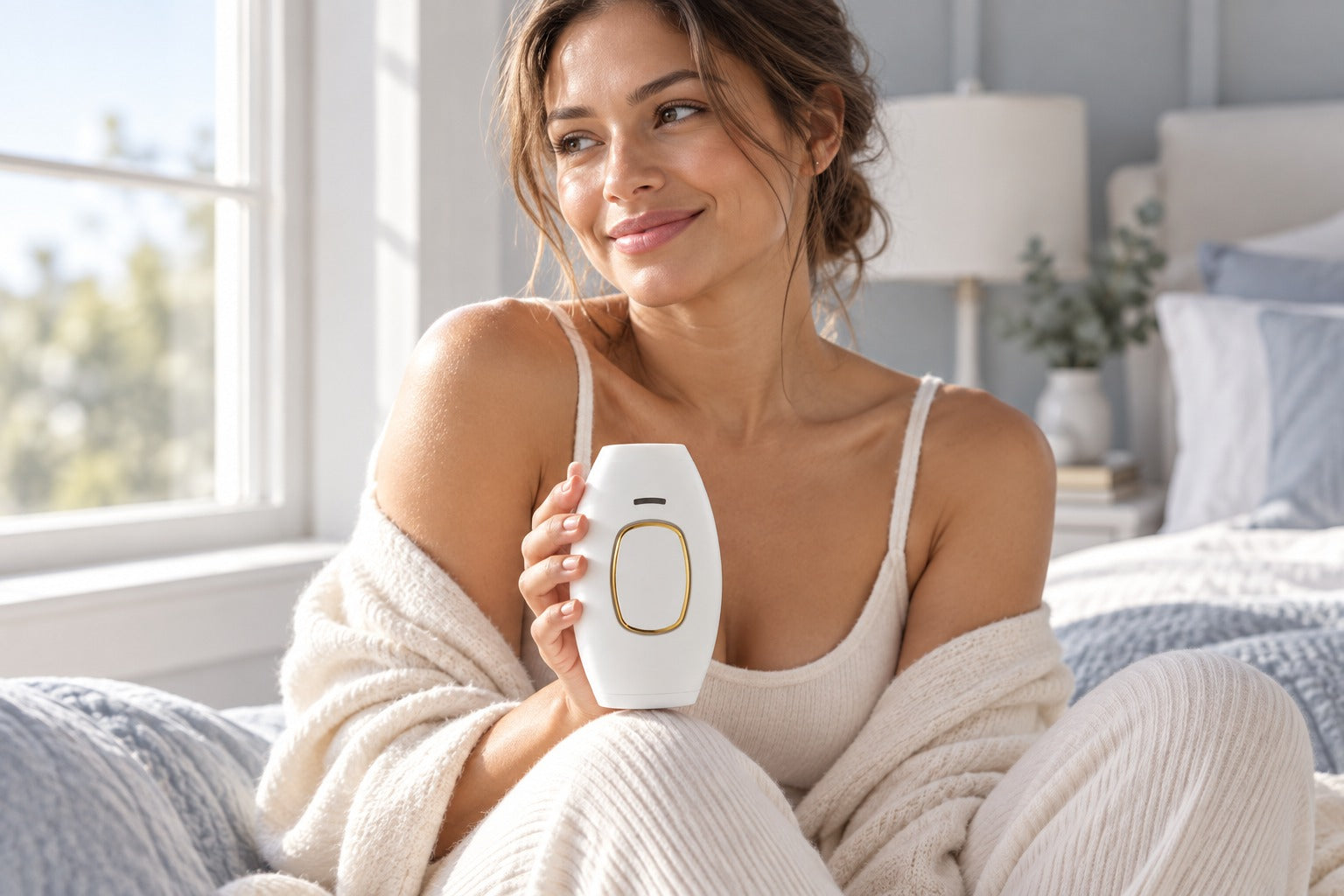 Woman holding the white and gold device in a sunlit bedroom