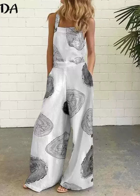 2025 New Spring Summer Women's Fashion Polka Dot Digital Print Sexy Suspender Backless Wide Leg Long Pocket Jumpsuit