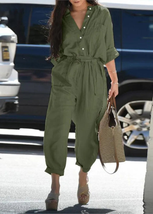 Spring Autumn New Cotton And Linen Jumpsuit Women Solid Color Long Sleeves High Waist Leace-up Casual Vintage Ladies Jumpsuits