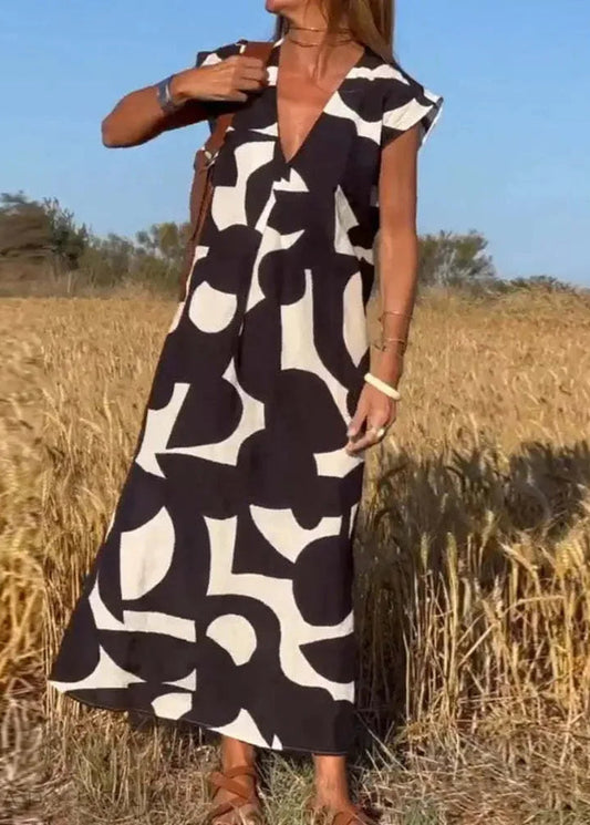 Irregular Geometric Print Long Dress Women's V-Neck Short Sleeved Loose Dresses Summer Casual Elegant Robe