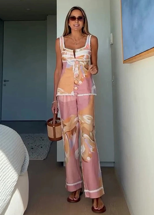 Elegant Printed Sling Pants Suits Women Casual Sleeveless Tank Flower Patchwork Trousers 2025 Summer Street Fashion Lady Outfits