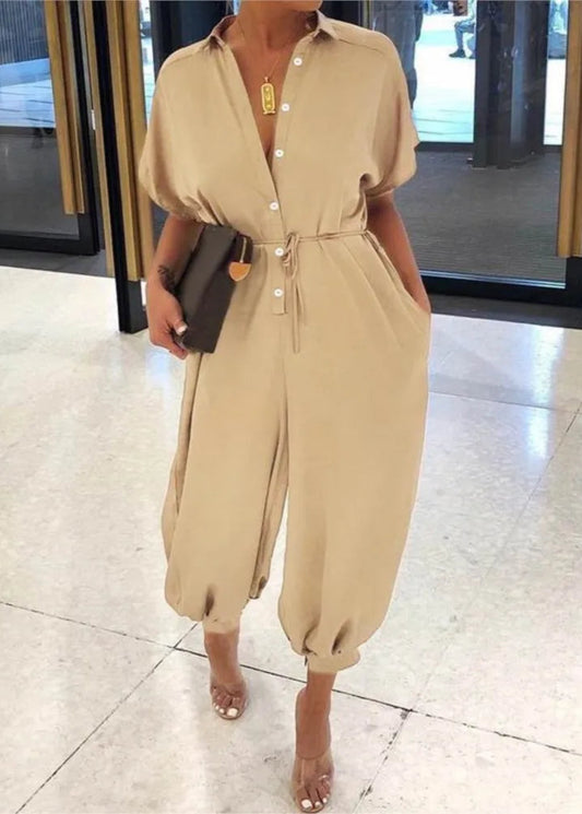 Summer Fashion V-Neck Button Lace-Up Jumpsuit Short Sleeve Loose Playsuit Overalls Women Elegant Leopard Print Pocket Rompers