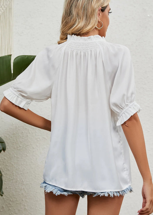 Lace Up Princess Sleeve Pleated Chiffon Top For Women, Solid Color V-neck Pullover, Five Quarter Sleeve Casual Versatile Shirt
