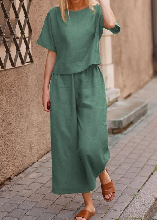 2025 Summer New Women's Fashion Cotton Linen Suit Short Sleeves 2-Piece Set European American Line Color Cross-Border Trade