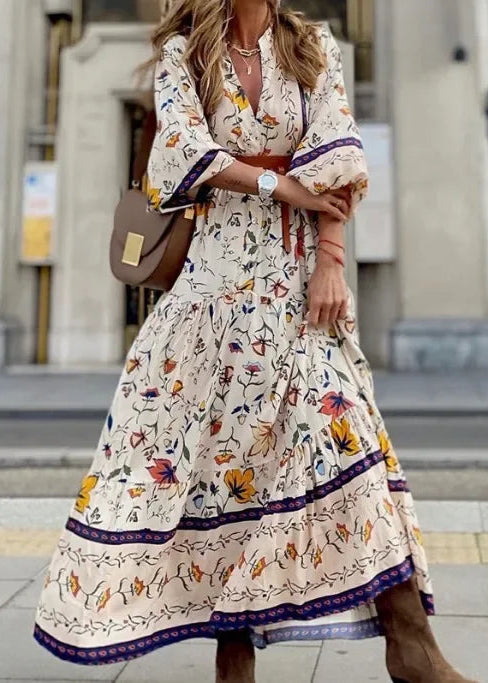 Bohemian Long Printed Dress Fashionable Women's Clothing Autumn Winter Empire Waist Lantern Sleeve V-neck Ankle-length Dress