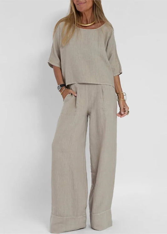 Summer Fashion New Solid Cotton Linen 2 Pieces Sets For Women Casual O-neck Short Sleeved Top + Wide Leg Pants Two Piece Set