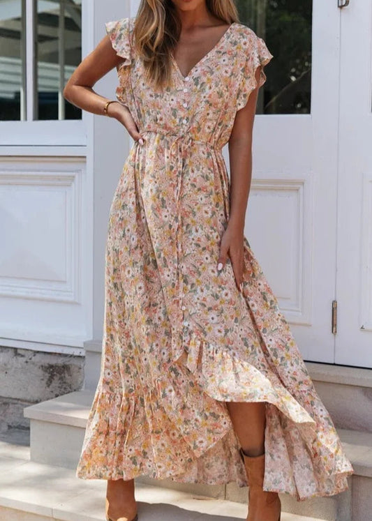 Elegant V-neck printed single breasted irregular ruffle dress for spring and summer women's casual fashion vacation long dress