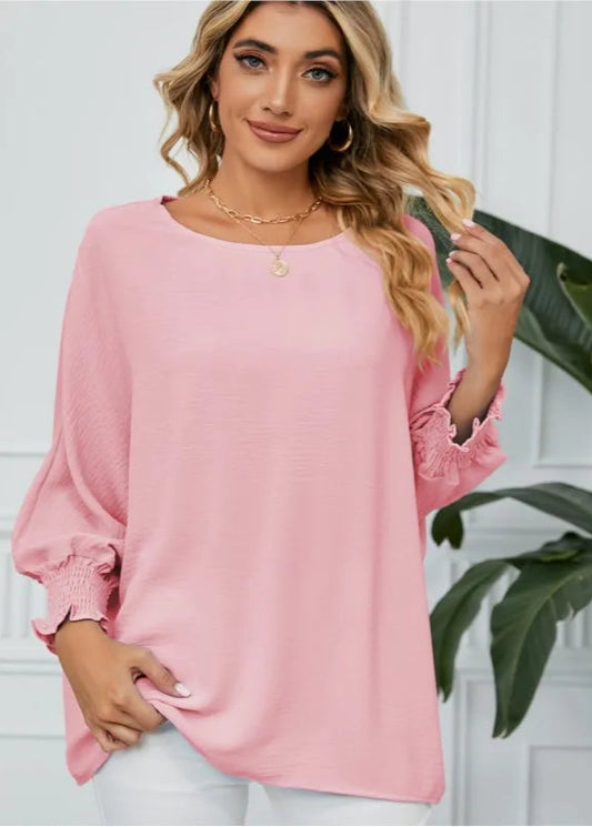 Women's New Loose Seven Quarter Sleeve Chiffon Top Wish Women's Solid Color Pink Round Neck Pullover Shirt Femme Blusas 2024