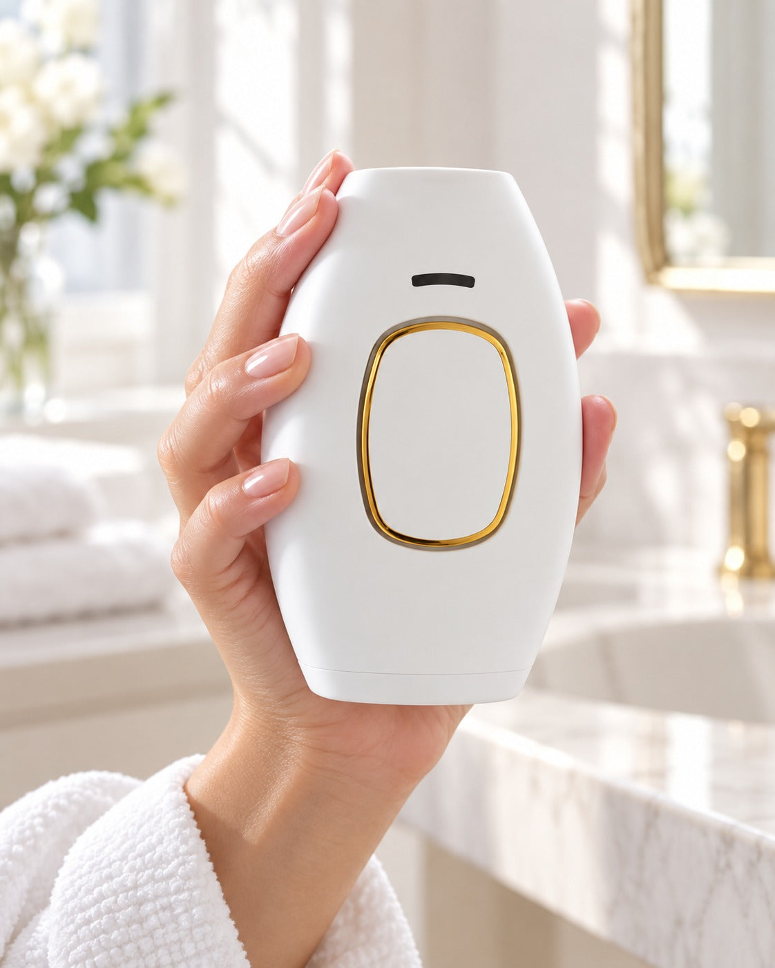 Close-up of the white and gold device held in a bright bathroom